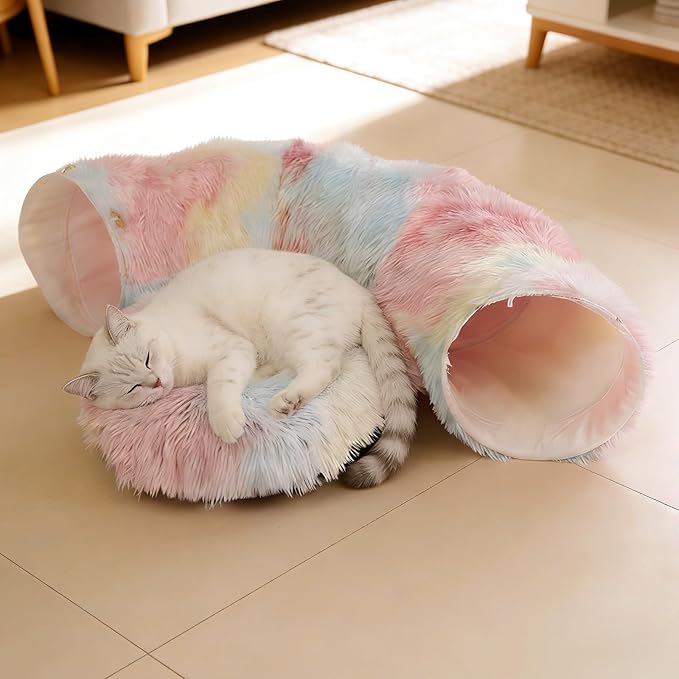 Cat Tunnel with Cat Bed for Indoor Cats, Under Christmas Tree Soft Plush Peekaboo Cat Cave Donut Tunnel, Multifunctional Playground Toys Hideplace for Kittens, Rabbit, Ferret