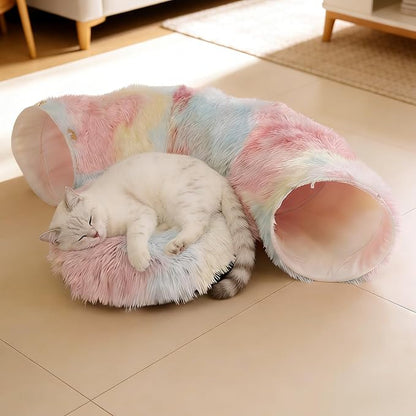 Cat Tunnel with Cat Bed for Indoor Cats, Under Christmas Tree Soft Plush Peekaboo Cat Cave Donut Tunnel, Multifunctional Playground Toys Hideplace for Kittens, Rabbit, Ferret