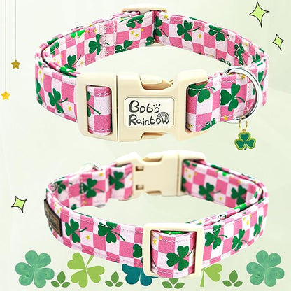 St Patrick's Day Dog Collar-Trefoil Spring Adjustable Cute Pet Collars Pink Soft Cotton Holiday Puppy Collar Geen Necklace Gift for Medium Dogs