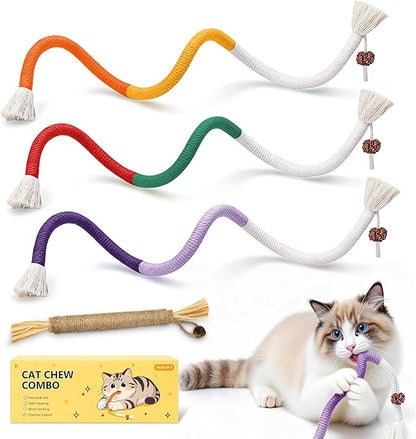 MAXTOOA Cat Toys for Indoor Cats Chew Ropes 3Pcs, Silvervine Stick 1Pcs with Gall Fruit, Interactive Catnip Toy for Kittens Dental Care Teeth Cleaning