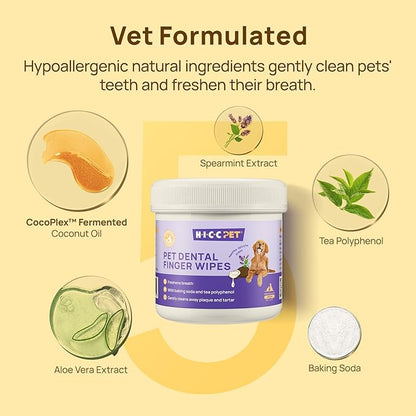 HICC Pet Teeth Cleaning Wipes for Dogs & Cats, Remove Bad Breath by Removing Plaque and Tartar Buildup, Disposable Dog Finger Toothbrush Gentle Pet Dental Care Wipes, 50 Counts, (Mentha Spicata Scent)