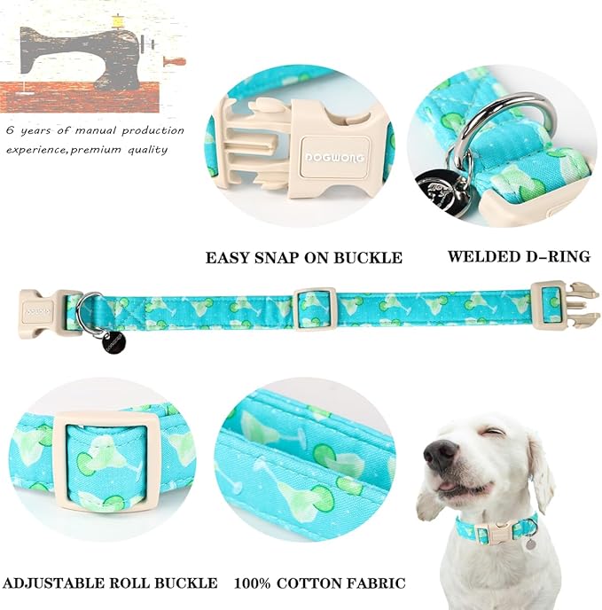 DOGWONG Cotton Dog Collar - Soft Natural Fabric Spring Summer Puppy Necklace for Small Medium Large Dog