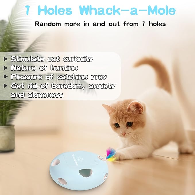 Scsuupoee IInteractive Cat Toy, Electric Cat Toys for Moving Concealed Feathers, Smart Sensor 7 Holes Whack a Mole Feather Toy, USB Charge Automatic Kitten Toys,Blue