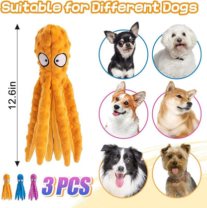 Alphatool Squeaky Dog Toys - 3pcs No Stuffing Octopus Soft Plush Crinkle Toys to Keep Them Busy, Interactive Essentials for Small Medium Pets Dogs Gifts, Blue/Purple/Orange