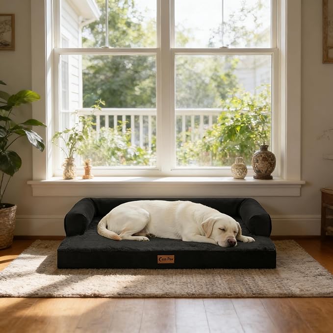 Casa Paw Orthopedic Dog Beds for Large Sized Dogs, Waterproof Egg Crate Foam Large Dog Couch Beds with Comfy Bolster 36x27Inch, Washable Pet Beds with Removable Cover and Nonskid Bottom, Black