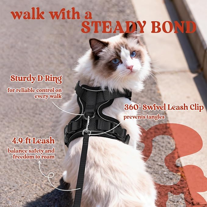 rabbitgoo Cat Harness and Leash for Walking, Escape Proof Soft Adjustable Vest Harnesses for Cats, Easy Control Breathable Reflective Strips Jacket, Black, XXS