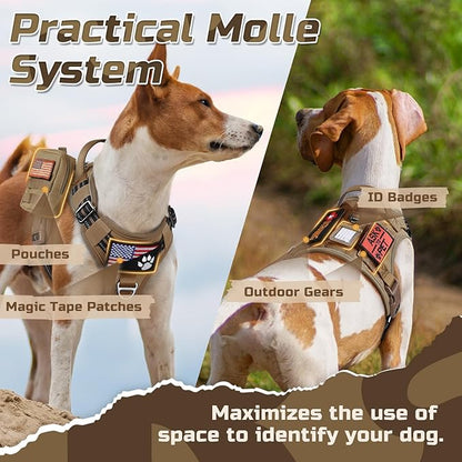 rabbitgoo Tactical Dog Harness for Large Dogs, No Pull Military Service Vest with Handle & Molle, Easy Control for Training Walking, Adjustable Reflective Straps, Brown, L