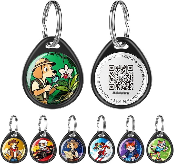 QR Code Dog Tag and Cat Tag, Scan to Reunite Faster, Waterproof and Durable, Lightweight and Quiet, Updatable Contact Info, with Jungle Explorer Pet Character Design
