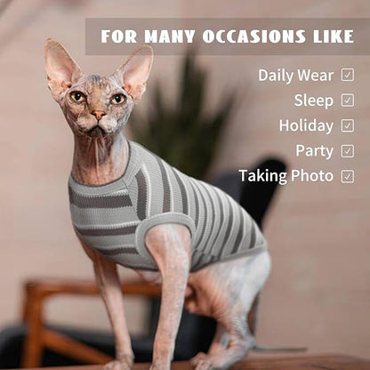 BRKURLEG Hairless Cats T Shirt, Cat Sweaters, Pullover Kitten Shirts, Sleeveless Round Collar Cotton Vest for Cornish Rex Devon Rex Peterbald and Small Dogs Sweater(Grey Stripes, M)