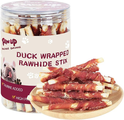 PAWUP Dog Duck Treat Rawhide Sticks, Natural Dog Chew Duck Wrapped Rawhide for Small Dogs, Healthy Hide Twists w/Taurine, 12.5 oz (25-30 Count)