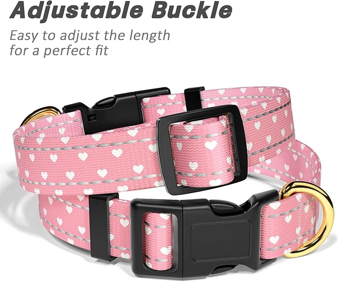 Reflective Dog Collar for Small Dogs, Cute Adjustable Heavy-Duty Nylon Puppy Collars for Boy and Girl Female, Soft Pet Accessories with Quick Release Buckle, Neck 10-16", Pink Hearts