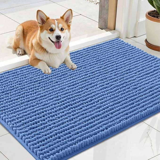 OLANLY Dog Door Mat for Muddy Paws 24x16, Ultra Absorbent Chenille Mud Doormat, Non-Slip Washable and Dirt Trapping Doormat for Indoor Entryway, Quick-Dry Indoor Pet Bed Mats for Dogs, Cornflower Blue