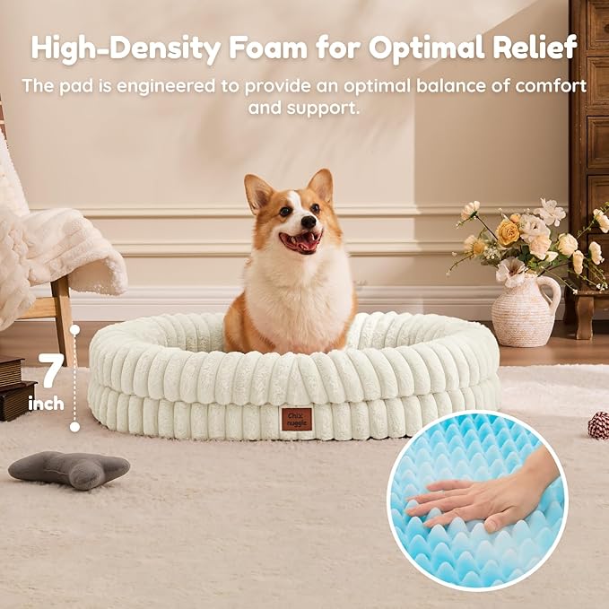 Dog Bed Large Sized Dog - Luxury Striped Faux Fur Waterproof Pet Couch with Removable Washable Cover, Orthopedic Pet Bed with Bolster Sides for Sleeping, Cream