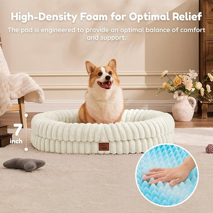 Dog Bed Large Sized Dog - Luxury Striped Faux Fur Waterproof Pet Couch with Removable Washable Cover, Orthopedic Pet Bed with Bolster Sides for Sleeping, Cream