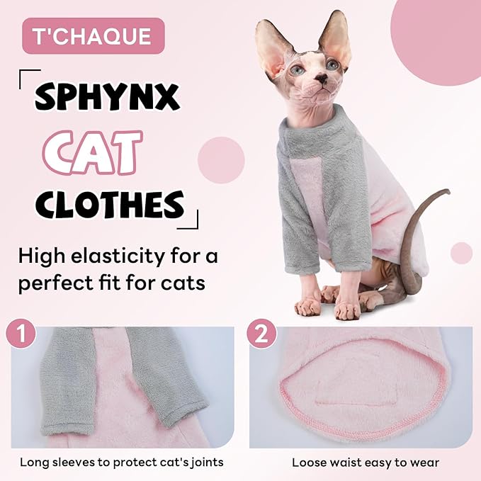 T'CHAQUE Sphynx Cat Clothes, Soft Fleece Winter Sweaters for Hairless Cats, Warm Pajama Jumpsuit with Sleeves and Hoodie, Cozy Pullover Outfit for Kittens