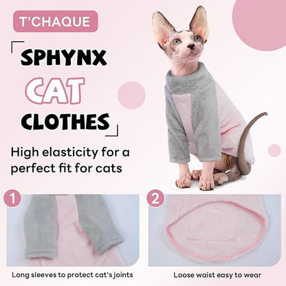 T'CHAQUE Sphynx Cat Clothes, Soft Fleece Sweaters for Hairless Cats, Pajamas With Sleeves, Winter Warm Outfit Onesie Jumpsuit Hoodie for Kittens