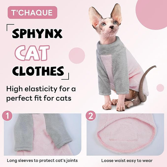 T'CHAQUE Sphynx Cat Clothes, Soft Fleece Winter Sweaters for Hairless Cats, Warm Pajama Jumpsuit with Sleeves and Hoodie, Cozy Pullover Outfit for Kittens