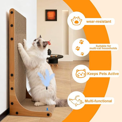 Goosheep Cat Scratching Post, 3-in1 Scratching Board for Indoor Cats, 2PK 22in L-Shaped Cat Scratcher with 1PK Cardboard Box Scratch Pad, Cats Scratch Furniture Protector with Feathered Toy