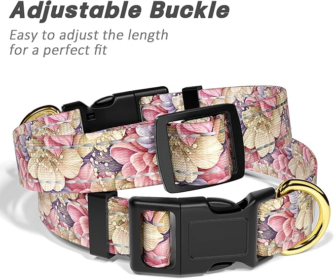 Reflective Dog Collar for Large Dogs, Cute Flower Theme Adjustable Heavy-Duty Nylon Puppy Collar for Boy and Girl Female, Soft Pet Accessories with Quick Release Buckle, Colorful Floral