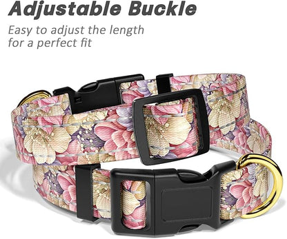 Reflective Dog Collar for Large Dogs, Cute Flower Theme Adjustable Heavy-Duty Nylon Puppy Collar for Boy and Girl Female, Soft Pet Accessories with Quick Release Buckle, Colorful Floral