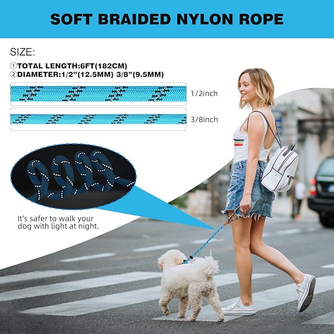 lynxking Slip Lead Dog Leash Reflective, Heavy Duty Comfortable Strong Rope Leash for Large Medium Small Dogs No Pull Training (Light Blue, Large 1/2in x 6ft-Slip Lead)