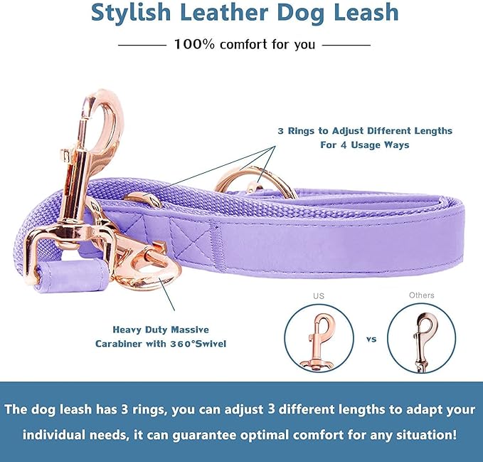Soft Leather Dog Collar and Leash (6.6') Set - Stylish Rose Gold Heavy Duty Metal Buckle, 4 Adjustable Lengths Leash for Small Medium Large Dogs - Comfortable & Easy to Clean (M, Light Purple)