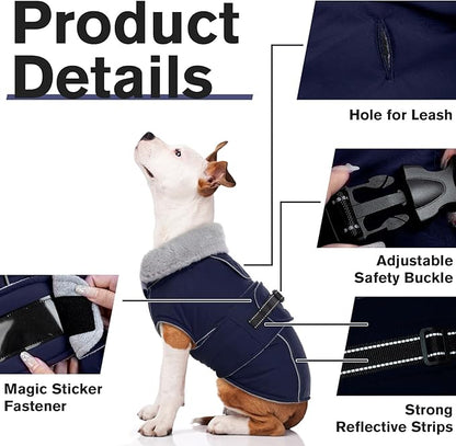 Lelepet Warm Dog Coat Waterproof Dog Jacket for Large Dogs Reflective Fleece Vest with Adjustable Buckle Hook & Loop Windproof Cold Weather Coats for Small Medium Large Dogs, Navy Blue, L