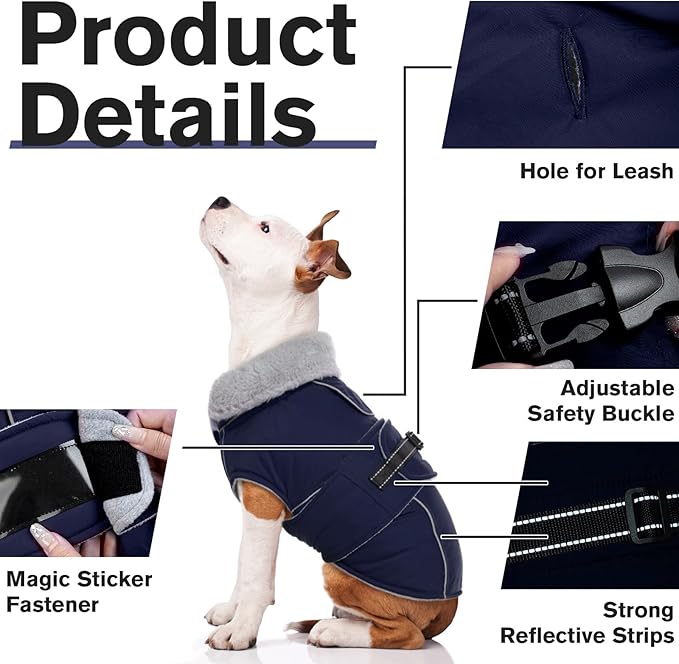 Lelepet Warm Dog Coat Waterproof Dog Jacket for Large Dogs Reflective Fleece Vest with Adjustable Buckle Hook & Loop Windproof Cold Weather Coats for Small Medium Large Dogs, Navy Blue, XXL