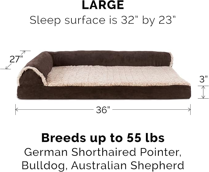 Furhaven Memory Foam Dog Bed for Large/Medium Dogs w/ Removable Bolsters & Washable Cover, For Dogs Up to 55 lbs - Two-Tone Plush Faux Fur & Suede L Shaped Chaise - Espresso, Large