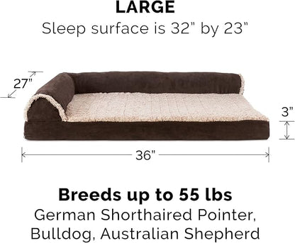 Furhaven Memory Foam Dog Bed for Large/Medium Dogs w/ Removable Bolsters & Washable Cover, For Dogs Up to 55 lbs - Two-Tone Plush Faux Fur & Suede L Shaped Chaise - Espresso, Large