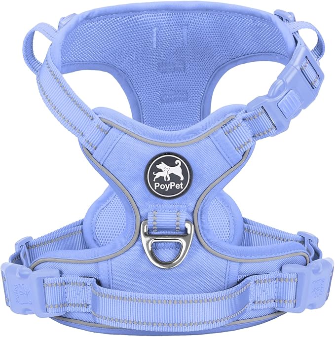PoyPet No Pull Dog Harness, No Choke Reflective Dog Vest, Adjustable Pet Harnesses with Easy Control Padded Handle for Small Medium Large Dogs(Light Blue Matching Trim,L)