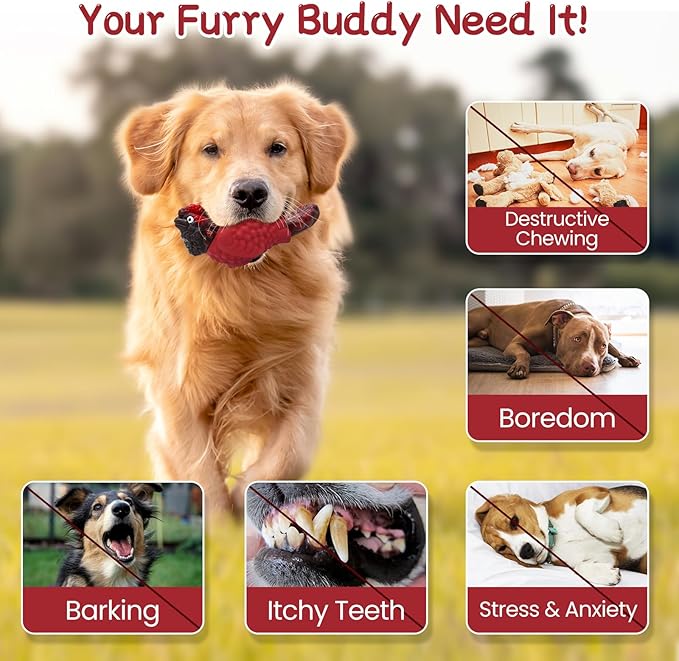 WinTour Tough Dog Toys for Aggressive Chewers, Durable and Indestructible Dog Toys to Keep Them Busy, Turkey Squeaky Chew Toys for Medium and Large Dogs, Red