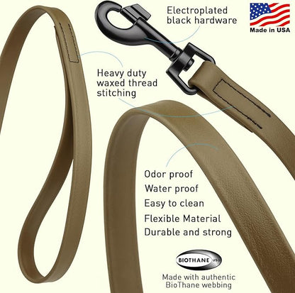 Dogline Biothane Waterproof Dog Leash Strong Coated Nylon Webbing with Black Hardware Odor-Proof Easy to Clean High Performance for Small or Large Dogs Made in USA 4 or 6 ft Lead, Coyote Brown