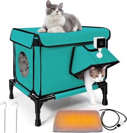 Heated Outdoor Cat House Weatherproof, Small/Large Insulated Cat House for Indoor, Winter Stray/Feral Cat Shelter (Green Cat Bed, Small-17×13"×12")
