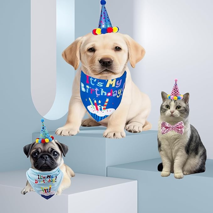 Pet Birthday Party Set,Dogs Bandana and Dog Birthday Hat with Star Pattern Design, Adjustable Sequin Bow tie Accessories, Blue Birthday Boy Scarf (Dark Blue)
