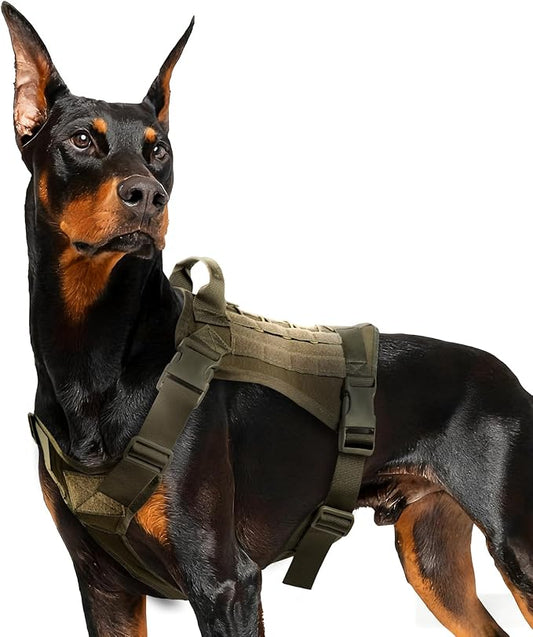 Tactical Dog Harness for Large Dogs, Adjustable No Pull Service Dog Vest Suitable for Training, Walking and Traveling, Easy Control Pet Harness, Army Green, XL