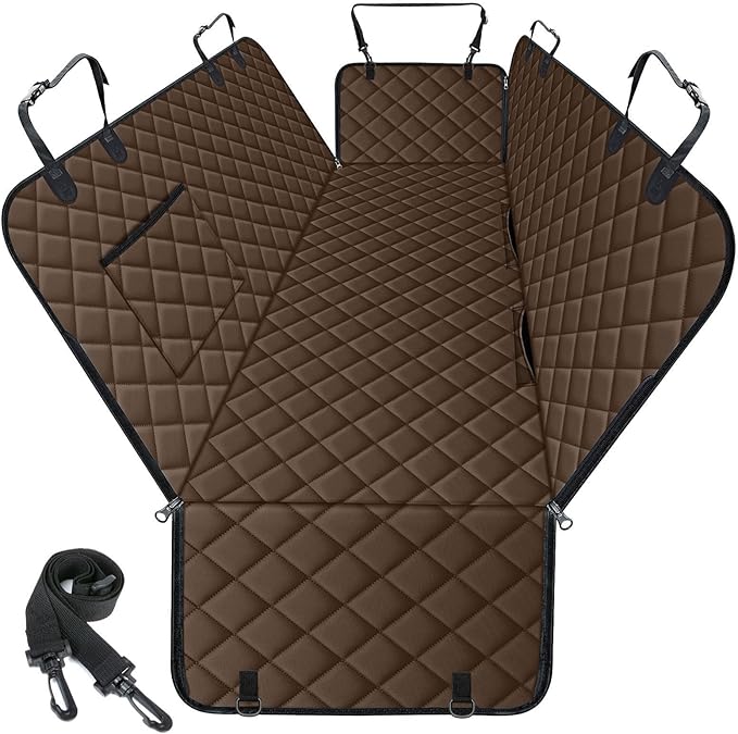 NECKORY Waterproof Dog Car Seat Cover for Back Seat - Durable, Scratch Proof Pet Hammock with Nonslip Design & Storage Pockets, Fits Cars, SUVs, Trucks - L, Coffee/Black