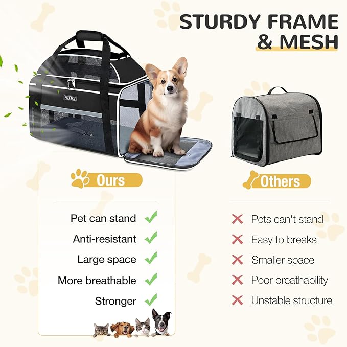 Lekereise Top-Expandable Pet Carrier 17x11x9.5 Inch Alaska Hawaiian Airline Approved Soft Sided Underseat to 12lbs Travel Carriers for Small Cats and Dogs with Locking Safety Zippers Anti-Scratch Mesh