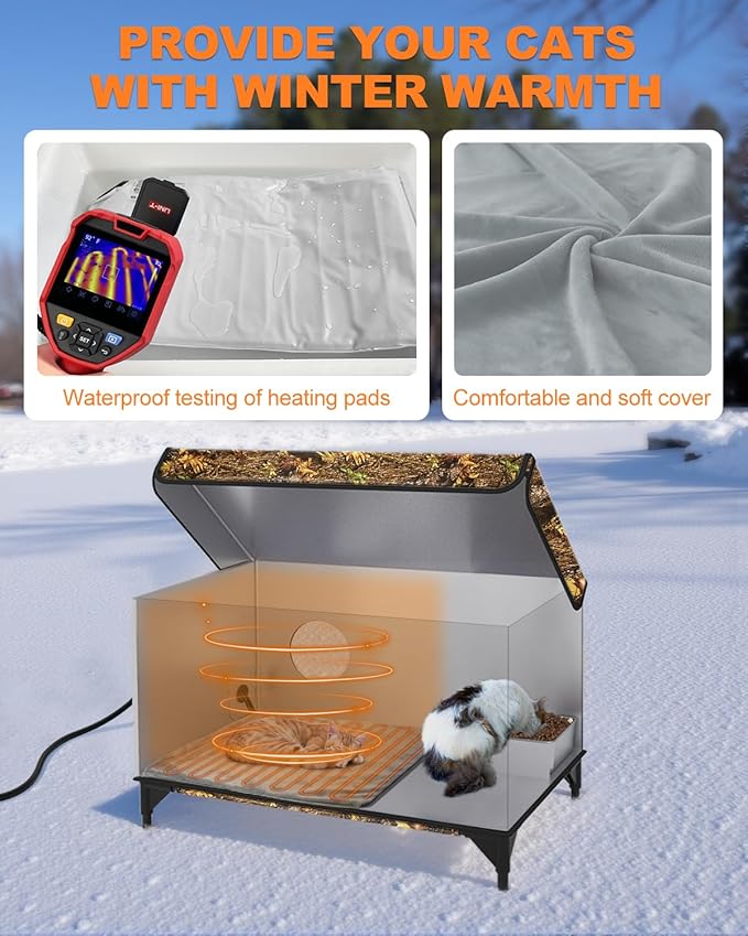 Weatherproof Heated Cat House for Outdoor in Winter, Heated Cat Bed Kitty Shelter with Cat Heating Pad, Insulated & Safe Escape Door, Warm House for Outside Stray Cat (Leaf Color, 16"x28"x19")