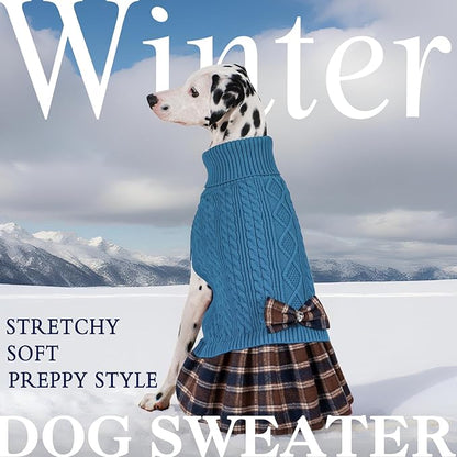 KYEESE Dog Sweater Pullover Dog Sweaters for Large Dogs Soft Turtleneck Pet Sweater Dress with Bowtie Warm Comfy Pet Coats Stretchy Knitwear Pets Sweaters Thick Dogs Clothes, Blue, XXX-Large
