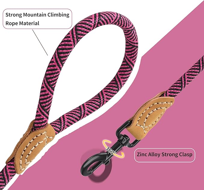 Mile High Life Rope Leash with Genuine Leather Connection, 6 FT/5 FT/4 FT, Heavy Duty Leash for Medium & Large Dogs (Hot Pink, 48 Inch)