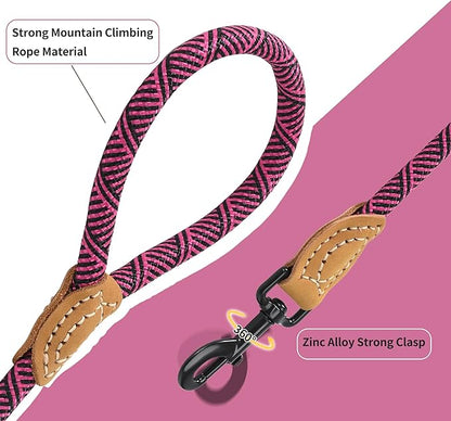 Mile High Life Rope Leash with Genuine Leather Connection, 6 FT/5 FT/4 FT, Heavy Duty Leash for Medium & Large Dogs (Hot Pink, 48 Inch)