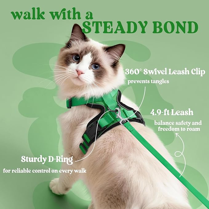 rabbitgoo Cat Harness and Leash for Walking, Escape Proof Soft Adjustable Vest Harnesses for Cats, Easy Control Breathable Reflective Strips Jacket, Grass Green, XXS