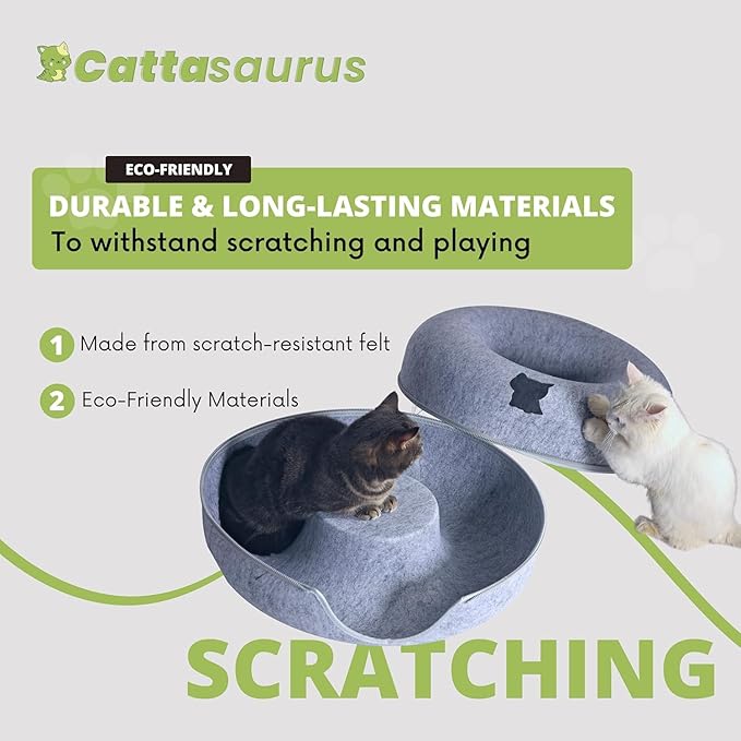 Cattasaurus Peekaboo Cat Cave Donut for Multiple & Large Cats up to 30-45 lbs, 3-in-1 Self Warming Cat Bed, Tunnel & Scratcher for Indoor Cats, Washable & Detachable (Dark Gray + Dark Gray, Large)