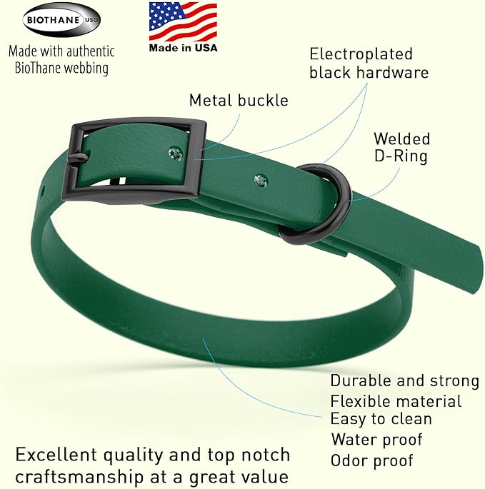 Dogline Biothane Waterproof Dog Collar Strong Coated Nylon Webbing with Black Hardware Odor- Proof for Easy Care Easy to Clean High Performance Fits Small Medium or Large Dogs, Hunter Green