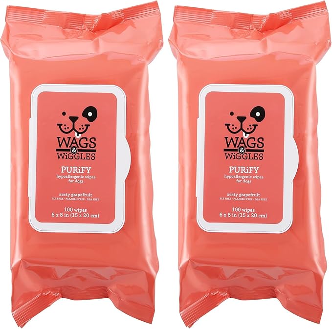 Wags & Wiggles Purify Hypoallergenic Wipes for Dogs | Gently Clean & Condition Your Dog's Coat Without A Bath | Zesty Grapefruit Scent Your Dog Will Love, 100 Count (Pack of 2)