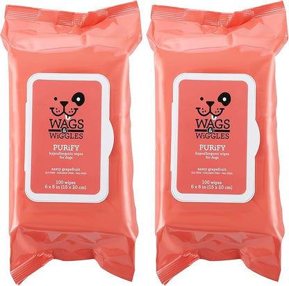 Wags & Wiggles Purify Hypoallergenic Wipes for Dogs | Gently Clean & Condition Your Dog's Coat Without A Bath | Zesty Grapefruit Scent Your Dog Will Love, 100 Count (Pack of 2)