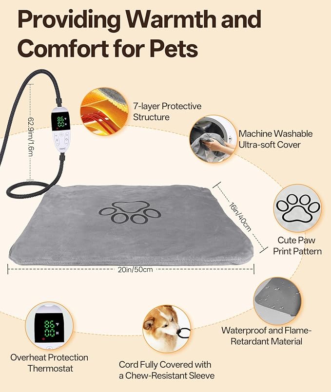 Ringco Pet Heating Pad for Cats & Small Dogs with 12 Adjustable Temperature, Waterproof & Chew Resistant Cat Heating Pad with Timer, Heated Cat Bed with Fleecy Cover (S: 20” x 16”)