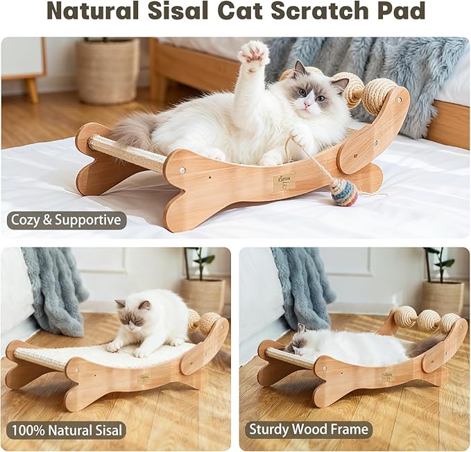 RizzQi Sisal Cat Scratcher Bed with 3 Toy Balls for Indoor Cats, Durable Wooden 3-in-1 Hammock Lounge & Scratch Pad - Modern Furniture for Large Cats, Scratching Post Lounger