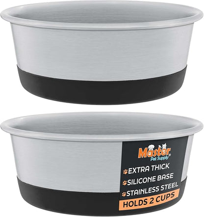 Master Pet Supply Stainless Steel Dog Bowls Set of 2 with Extra Thick Silicone Base - 2 Cup (16 oz) Black Velvet, Non-Slip, Dishwasher Safe Metal Bowls, Pet Dog Food Bowl for Dogs, Cats, Anti Rust